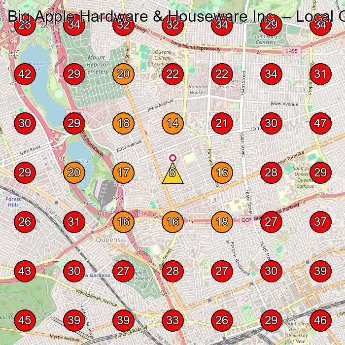 Big Apple Hardware & Houseware Inc. GeoGrid visibility map for Hardware Store in Glendale